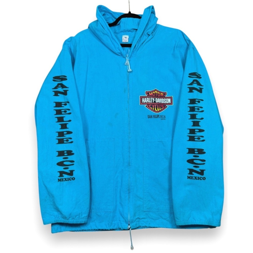 Vintage‎ Harley Davidson San Felipe Mexico Hoodie Zip Up Jacket Size L 42 Blue